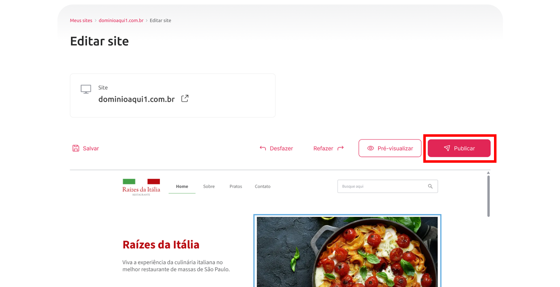 [Alt text: Imagem do editor destacando o botão de publicar no lado direito da página.